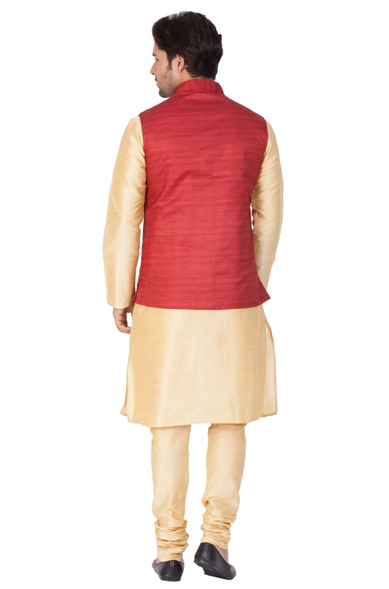 Jashvi Men's Gold Cotton Silk Blend Kurta, Ethnic Jacket and Pyjama Set