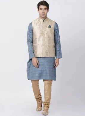 Jashvi Men's Grey Cotton Silk Blend Kurta, Ethnic Jacket and Pyjama Set