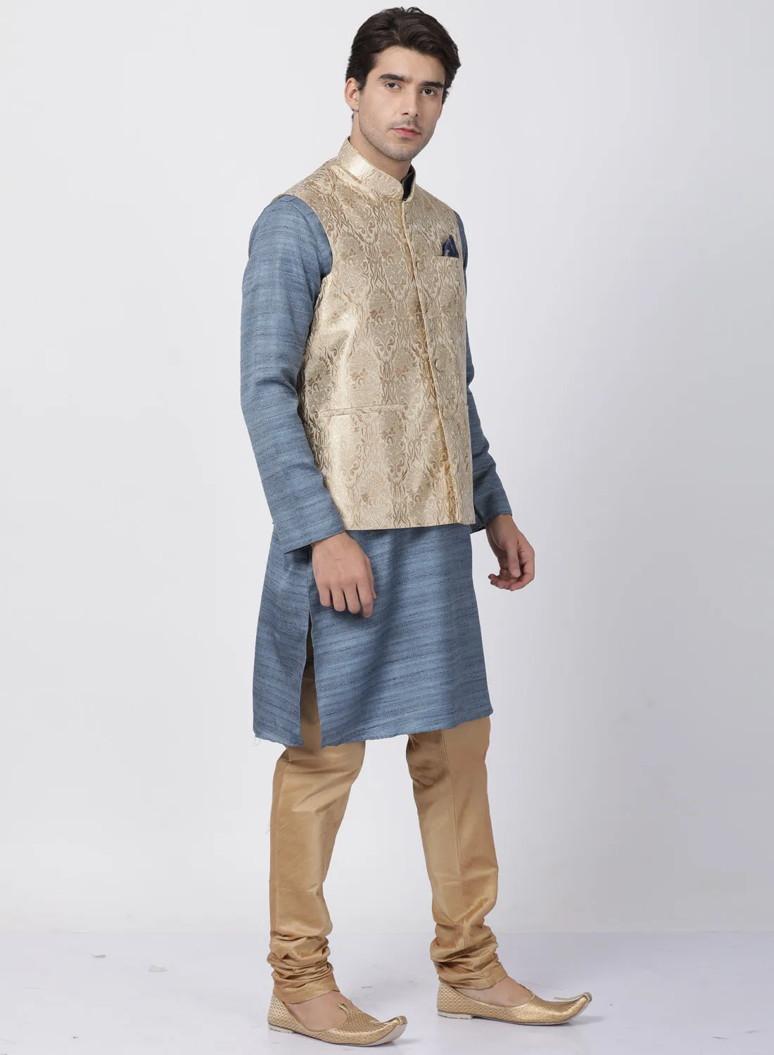 Jashvi Men's Grey Cotton Silk Blend Kurta, Ethnic Jacket and Pyjama Set