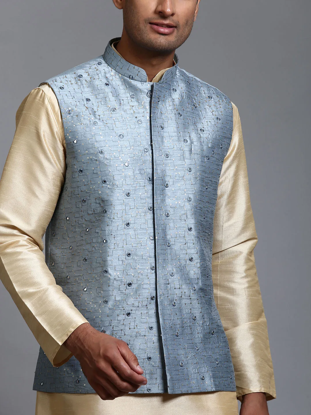 Jashvi Men's Grey Embellished Jacket with Gold Kurta Pant Set