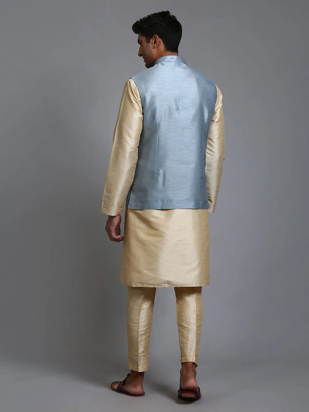 Jashvi Men's Grey Embellished Jacket with Gold Kurta Pant Set