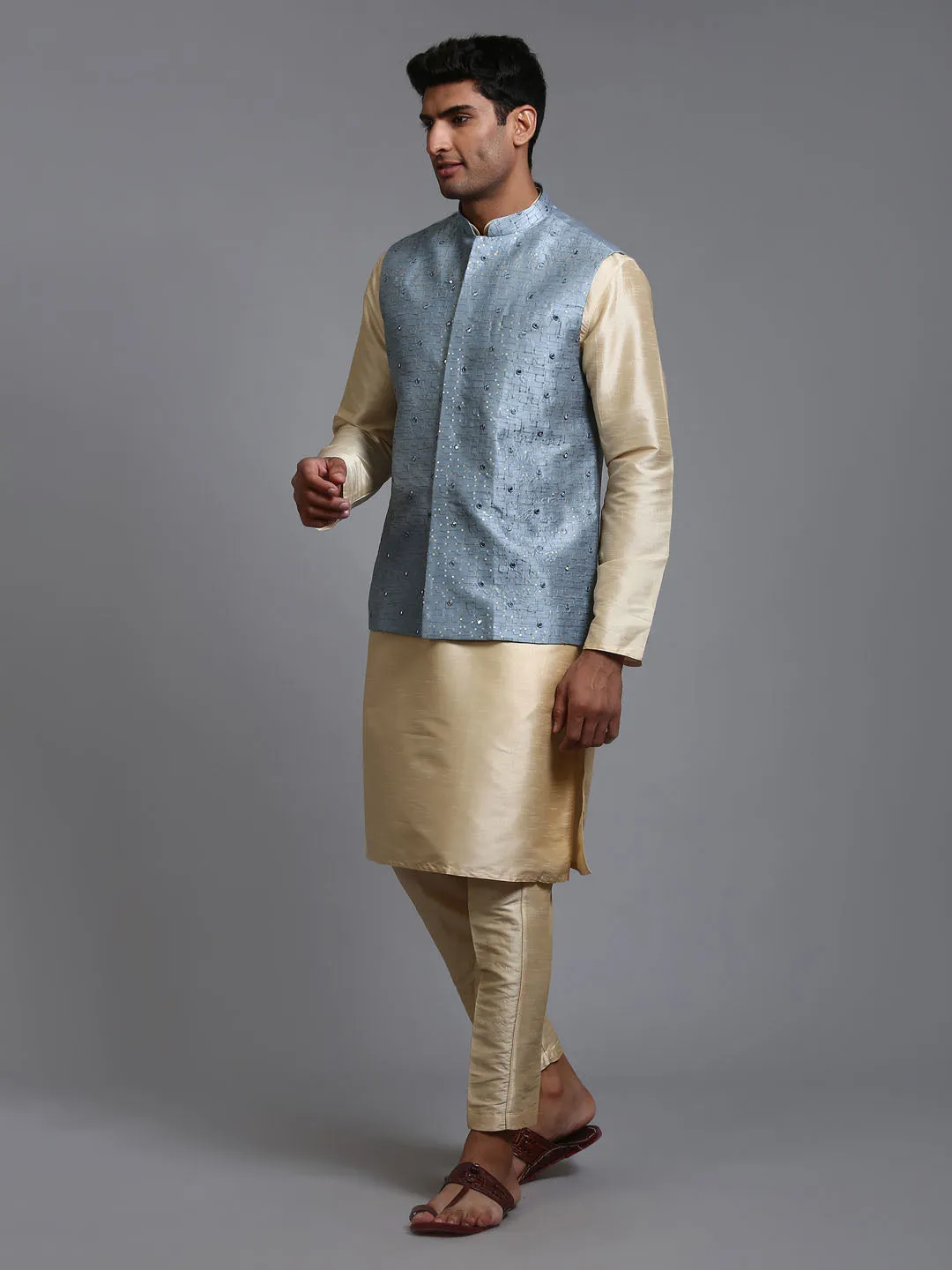 Jashvi Men's Grey Embellished Jacket with Gold Kurta Pant Set