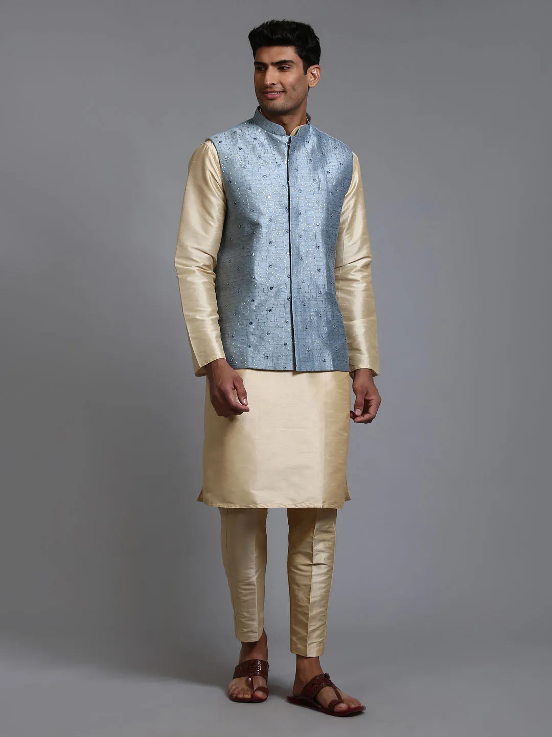 Jashvi Men's Grey Embellished Jacket with Gold Kurta Pant Set