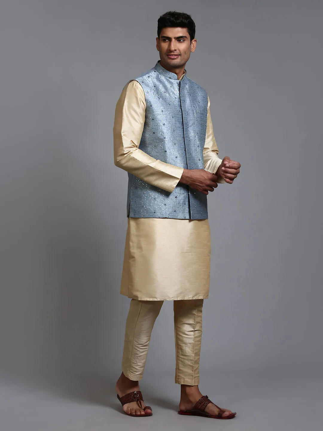 Jashvi Men's Grey Embellished Jacket with Gold Kurta Pant Set