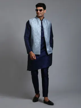 Jashvi Men's Grey Embellished Jacket with Navy Blue Kurta Pant Set