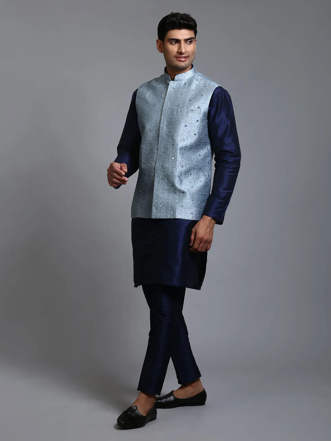 Jashvi Men's Grey Embellished Jacket with Navy Blue Kurta Pant Set