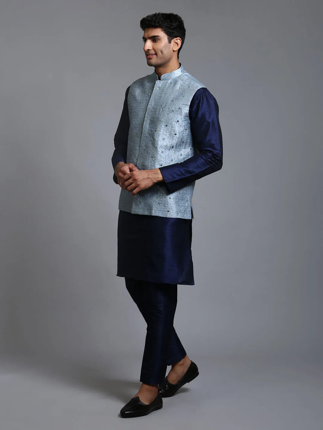 Jashvi Men's Grey Embellished Jacket with Navy Blue Kurta Pant Set