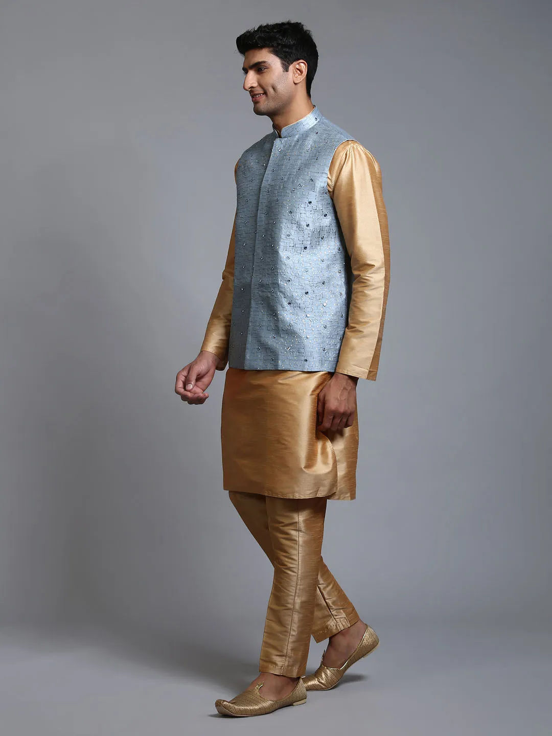 Jashvi Men's Grey Embellished Jacket with Rose Gold Kurta Pant Set