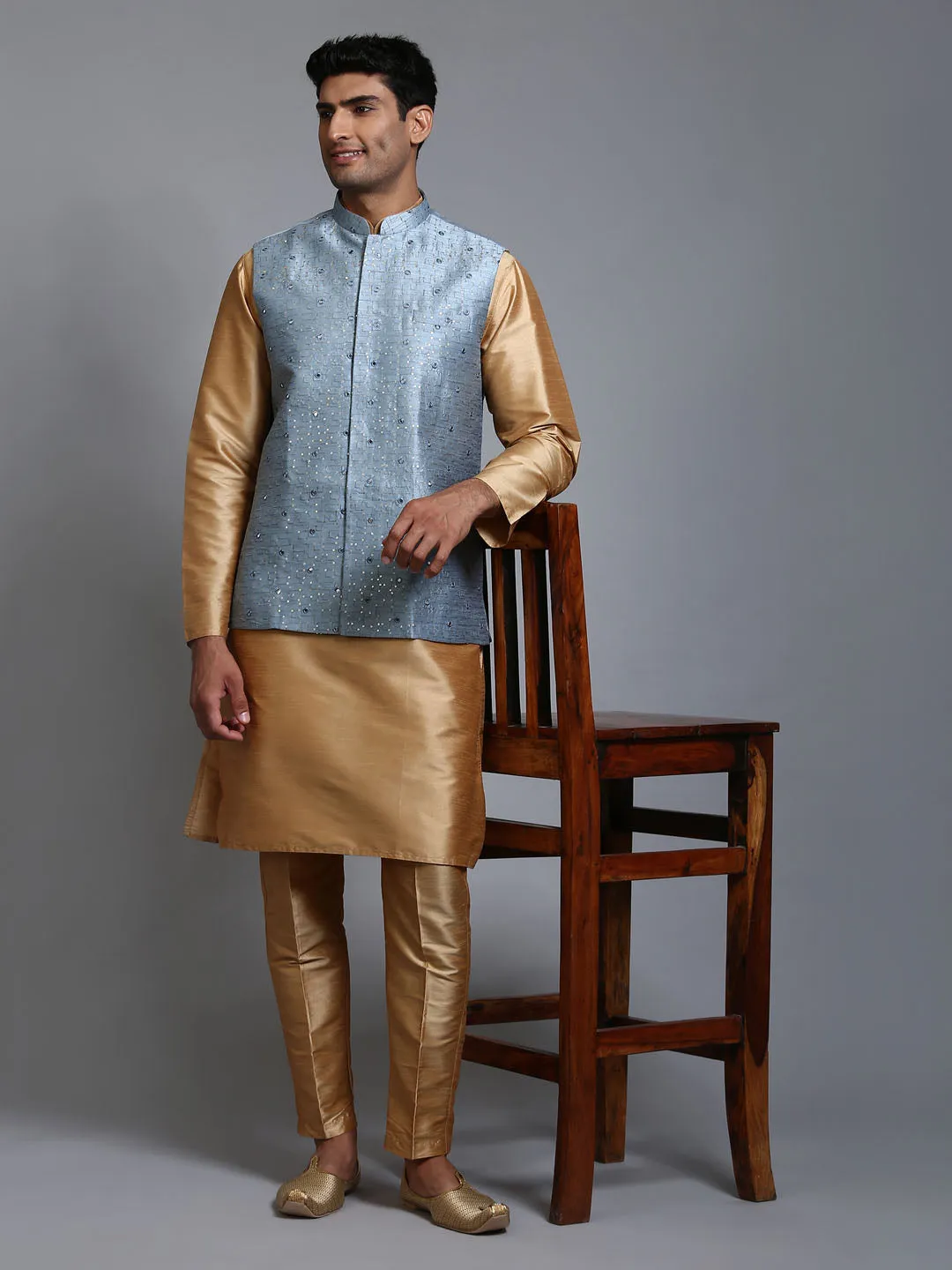 Jashvi Men's Grey Embellished Jacket with Rose Gold Kurta Pant Set