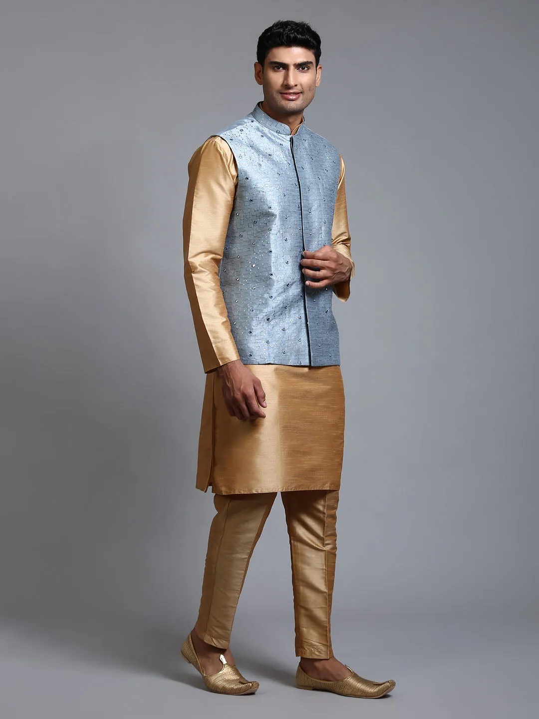 Jashvi Men's Grey Embellished Jacket with Rose Gold Kurta Pant Set