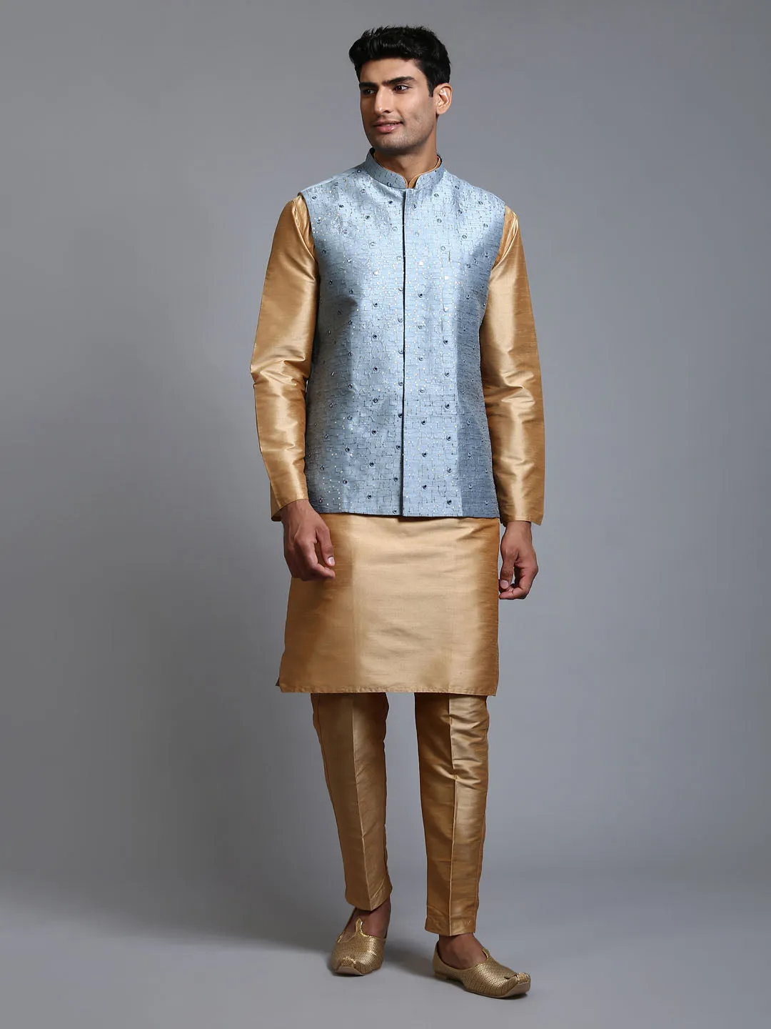 Jashvi Men's Grey Embellished Jacket with Rose Gold Kurta Pant Set