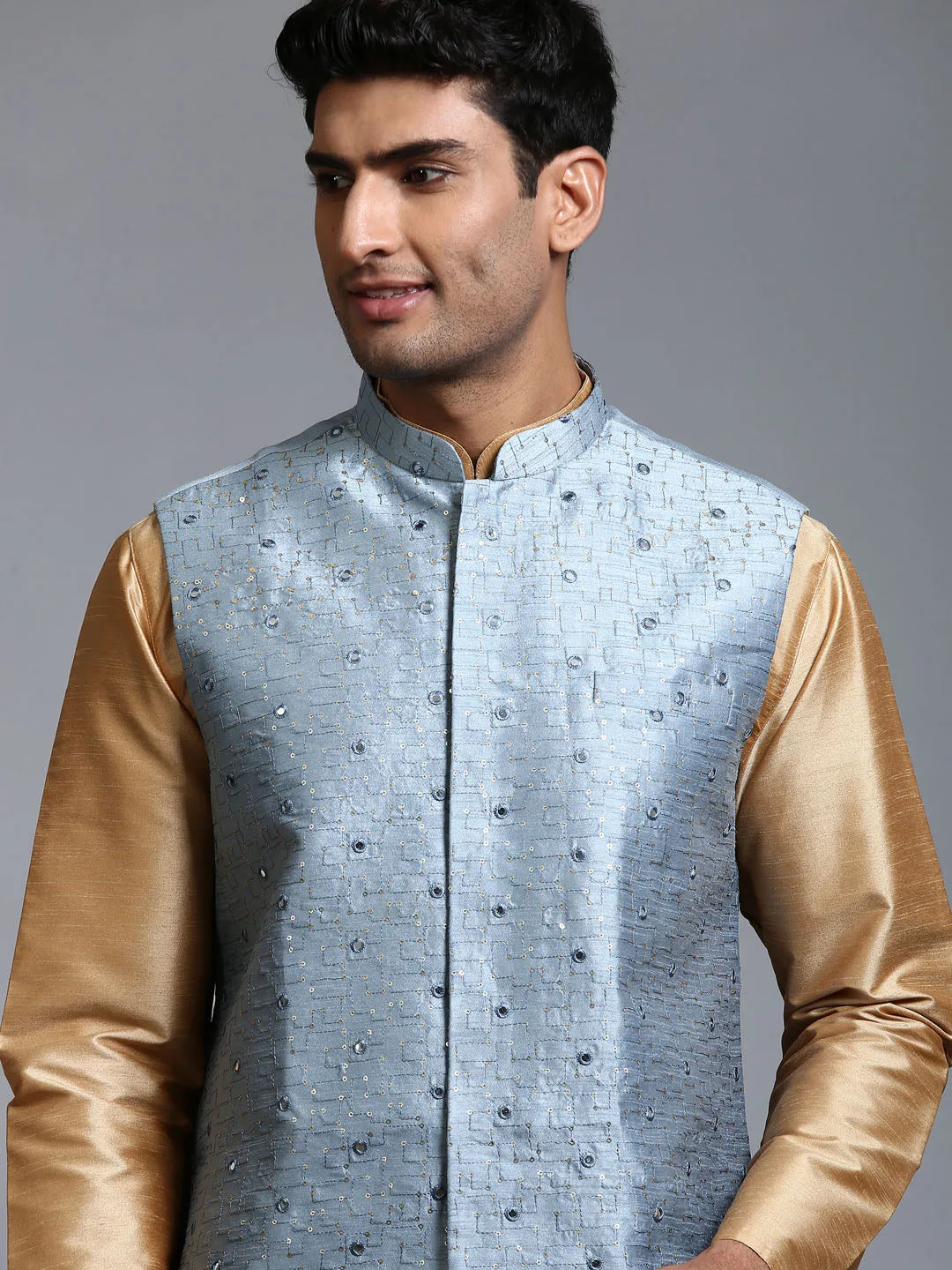 Jashvi Men's Grey Embellished Jacket with Rose Gold Kurta Pant Set