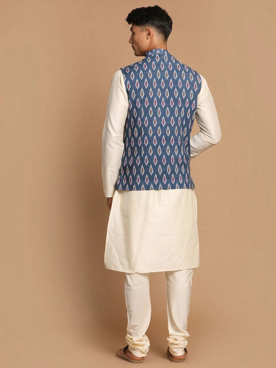 Jashvi Men's Grey Printed Cotton Nehru Jacket With Cream Kurta Pyjama