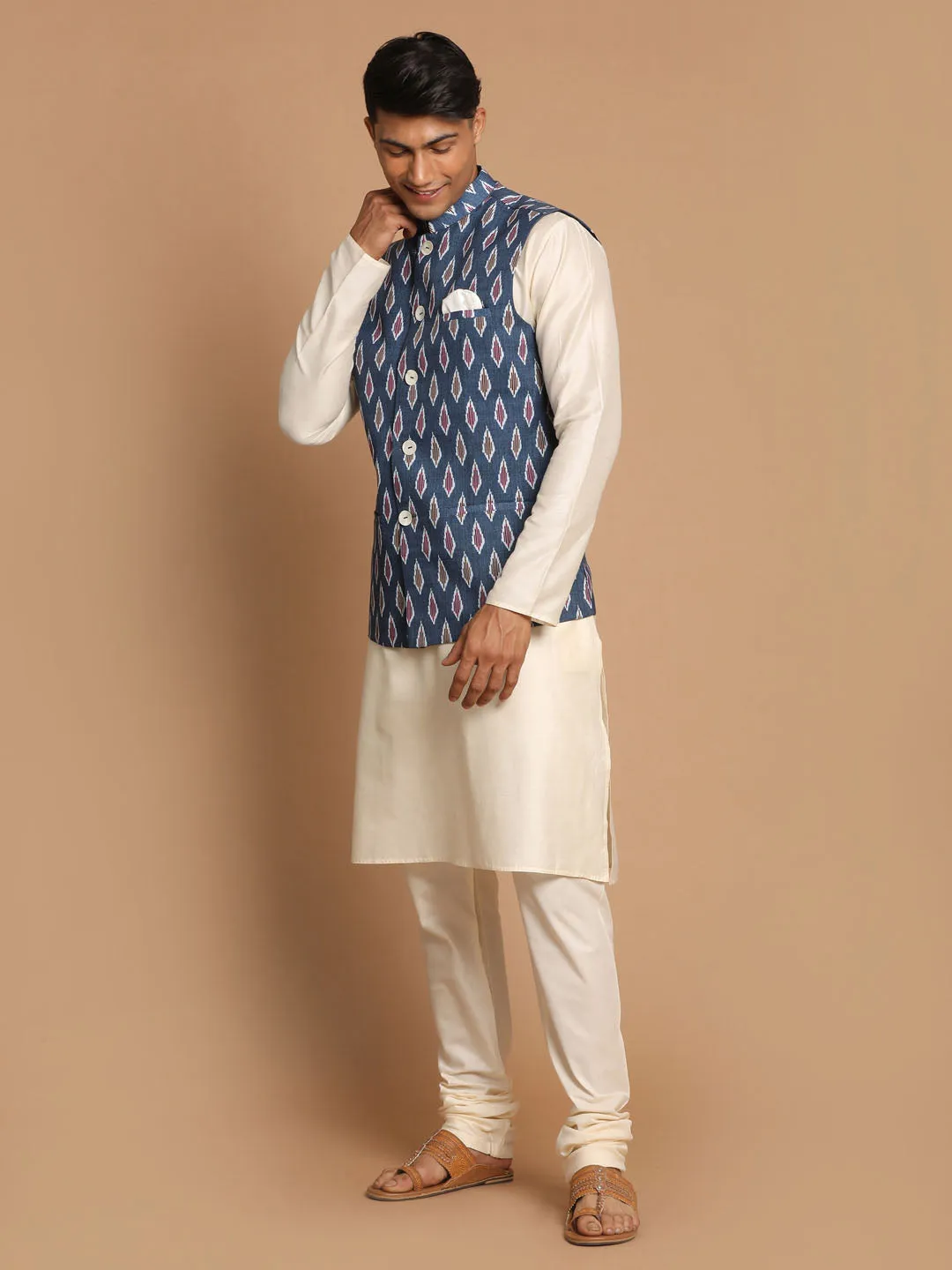 Jashvi Men's Grey Printed Cotton Nehru Jacket With Cream Kurta Pyjama