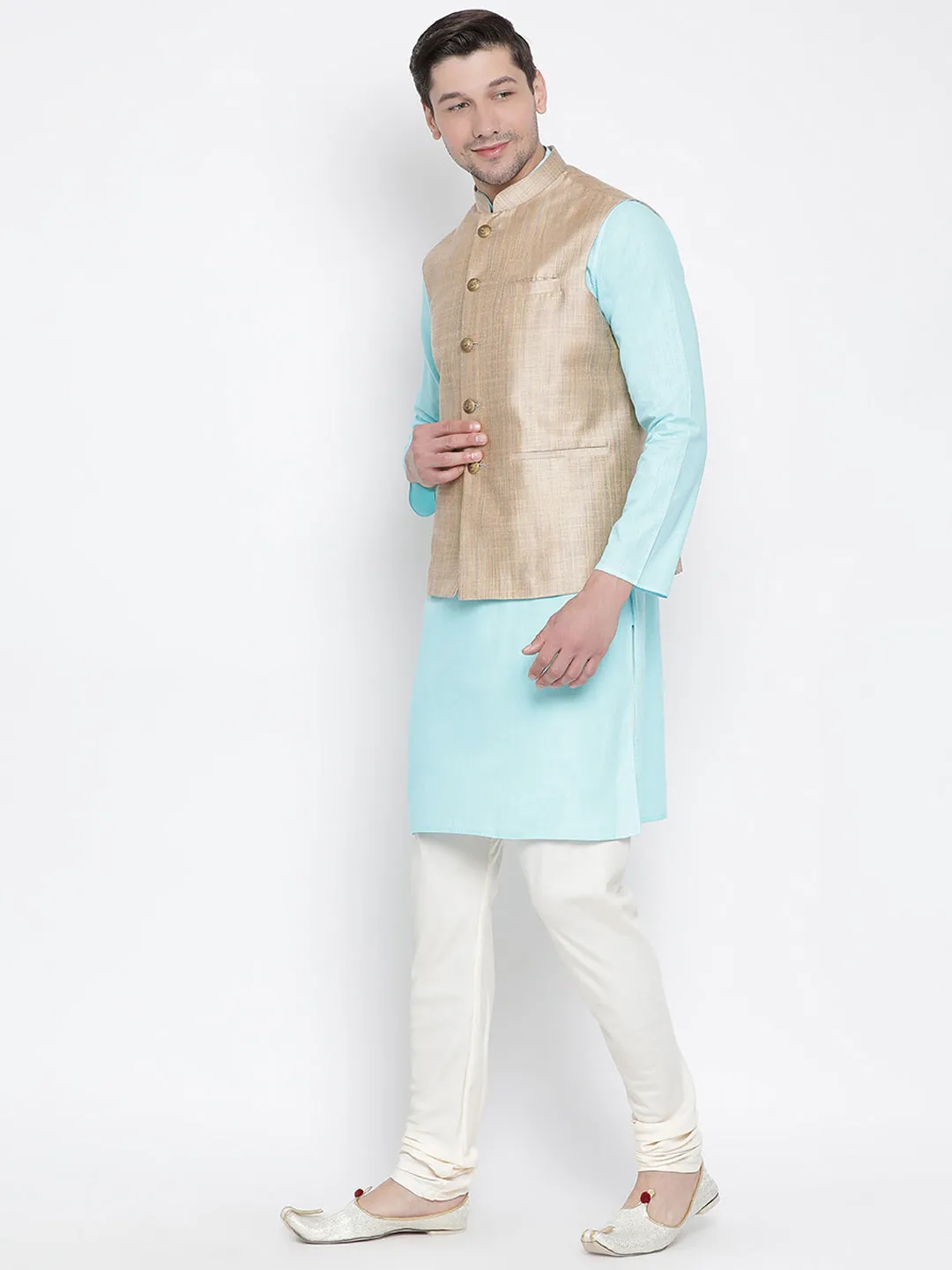 Jashvi Men's Light Blue Cotton Blend Kurta, Ethnic Jacket and Pyjama Set