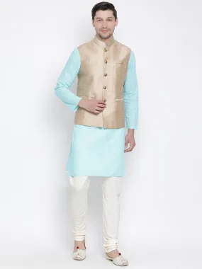 Jashvi Men's Light Blue Cotton Blend Kurta, Ethnic Jacket and Pyjama Set