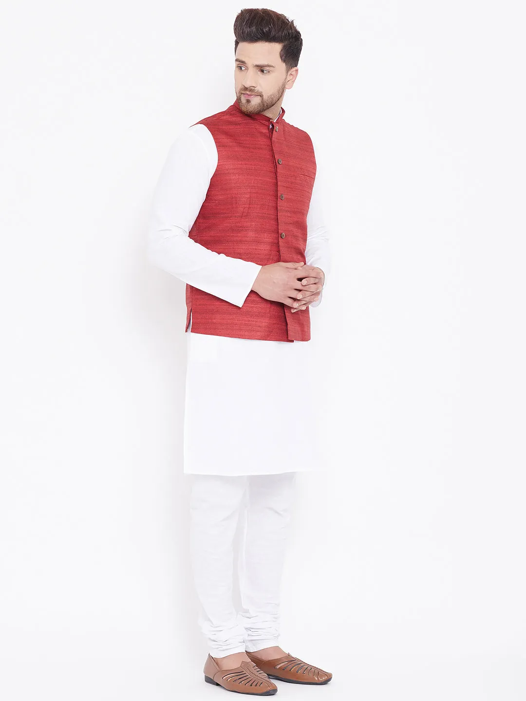 Jashvi Men's Maroon And White Cotton Blend Jacket, Kurta and Pyjama Set