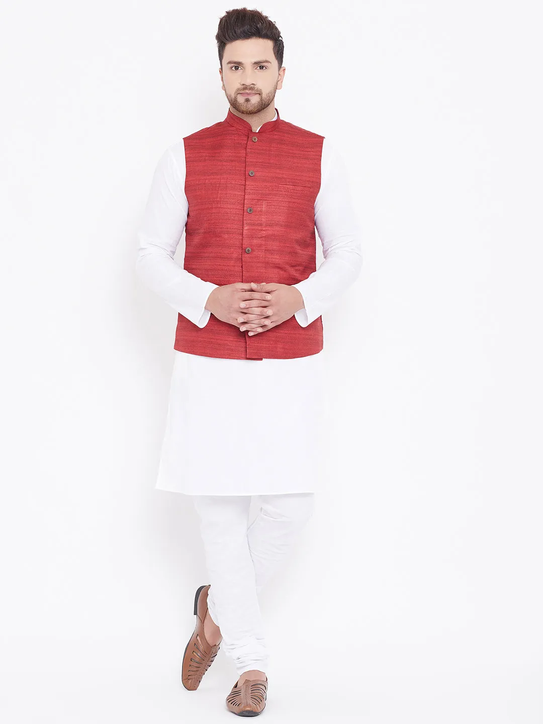 Jashvi Men's Maroon And White Cotton Blend Jacket, Kurta and Pyjama Set