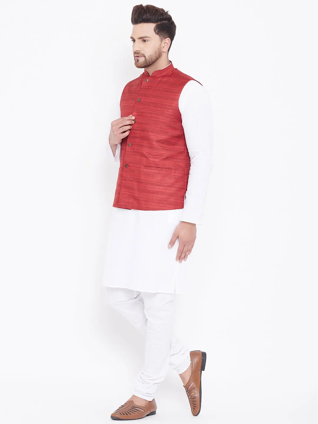 Jashvi Men's Maroon And White Cotton Blend Jacket, Kurta and Pyjama Set