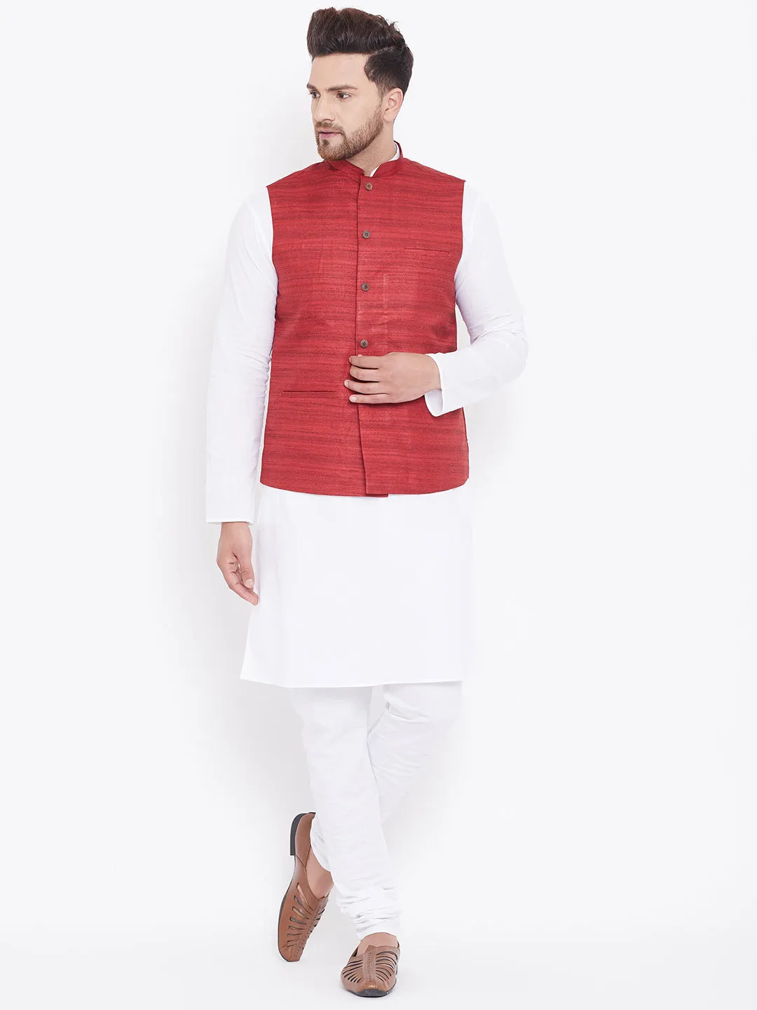 Jashvi Men's Maroon And White Cotton Blend Jacket, Kurta and Pyjama Set