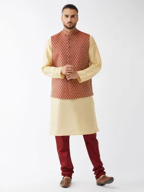 Jashvi Men's  Maroon Silk Blend Ethnic Jacket, Gold Kurta and Maroon Pyjama Set