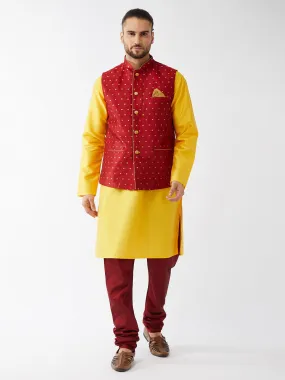 Jashvi Men's  Maroon Zari Weaved Jacket With Kurta Pyjama Set