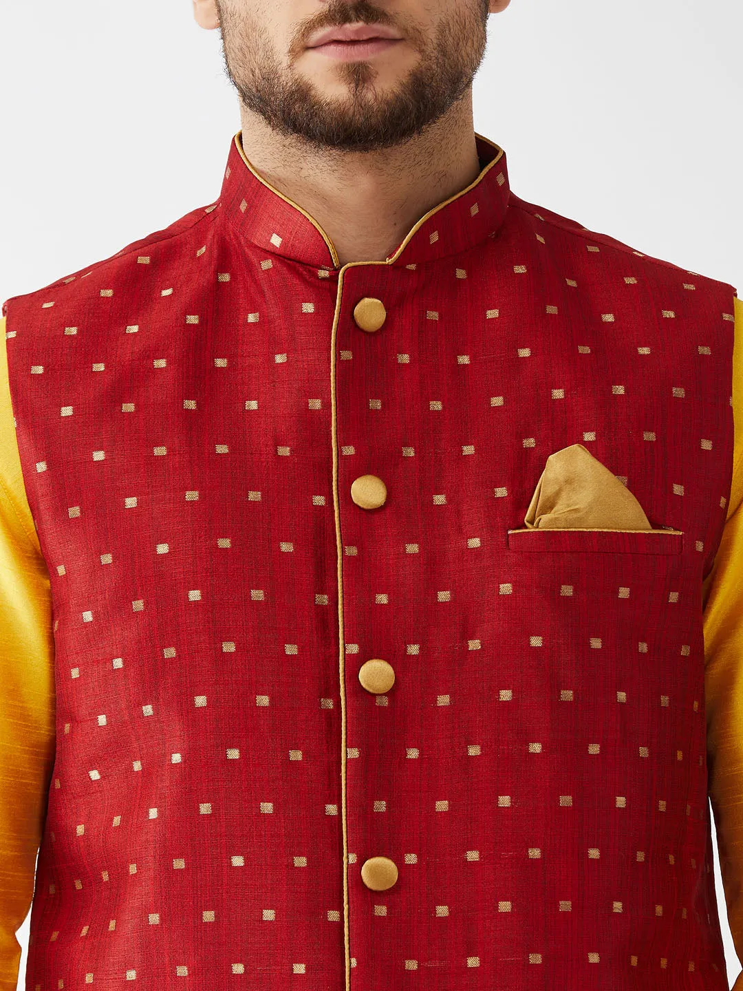 Jashvi Men's  Maroon Zari Weaved Jacket With Kurta Pyjama Set