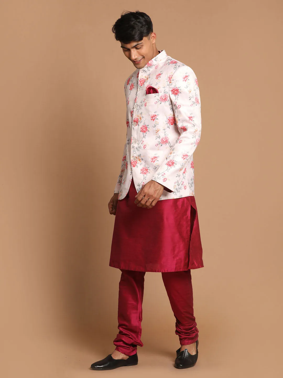 Jashvi Men's  Peach Silk Blend Jodhpuri With Purple Cotton Silk Blend Kurta and Pyjama Set