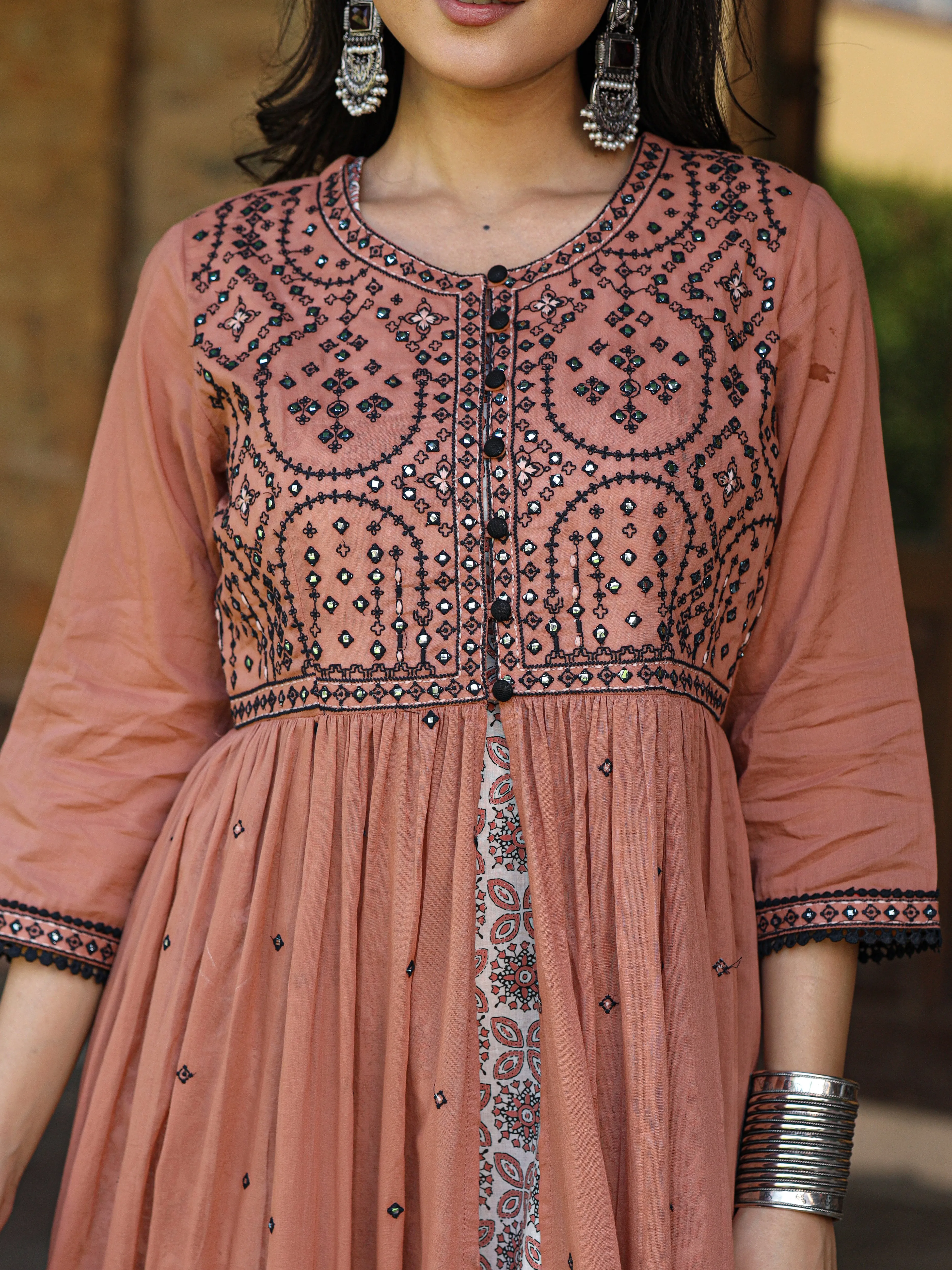 Juniper Onion Pink & Black Cotton  Embroidered Anarkali Dress With Jacket & Tie-Dye Dupatta