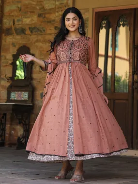 Juniper Onion Pink & Black Cotton  Embroidered Anarkali Dress With Jacket & Tie-Dye Dupatta