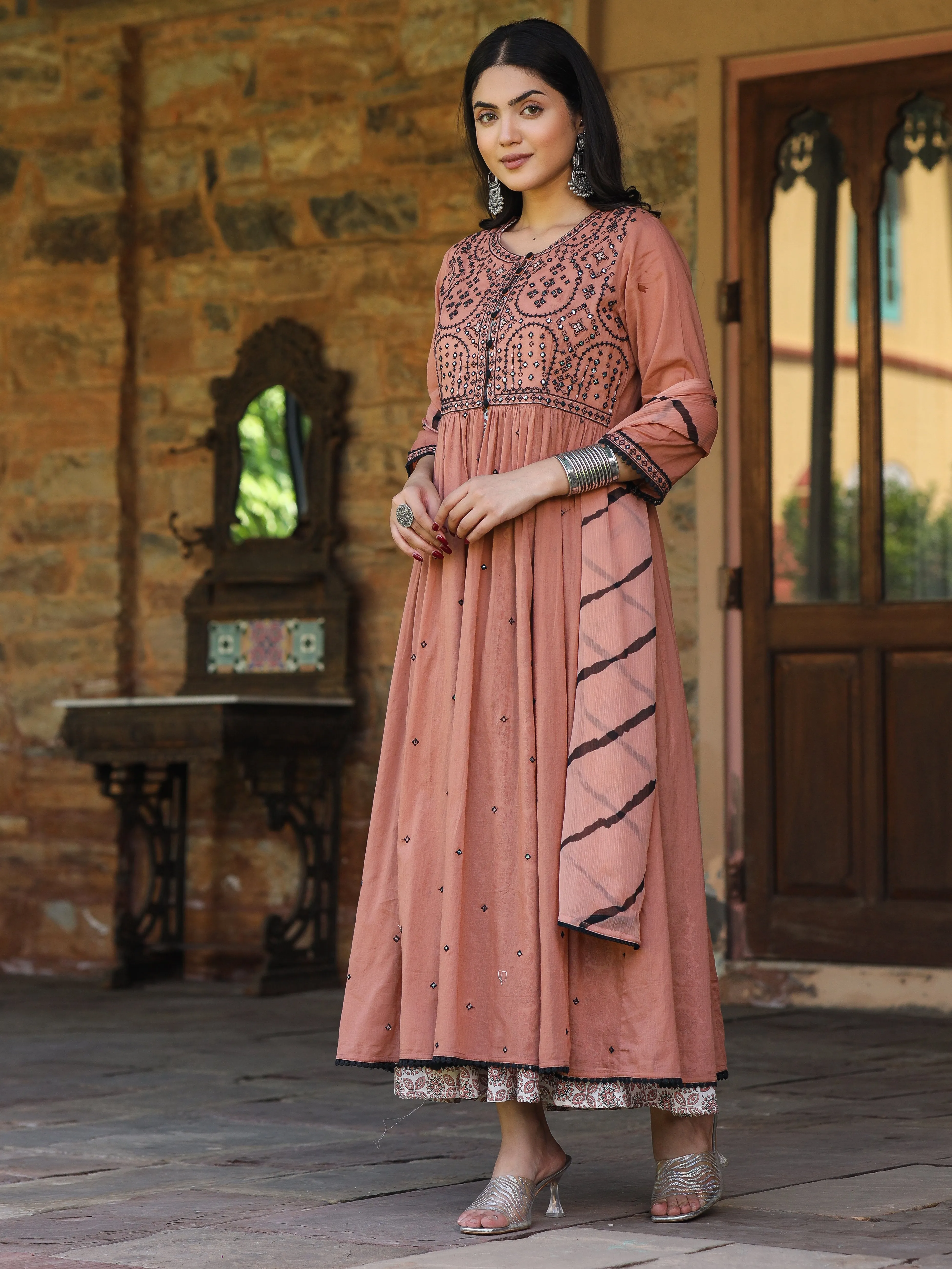 Juniper Onion Pink & Black Cotton  Embroidered Anarkali Dress With Jacket & Tie-Dye Dupatta