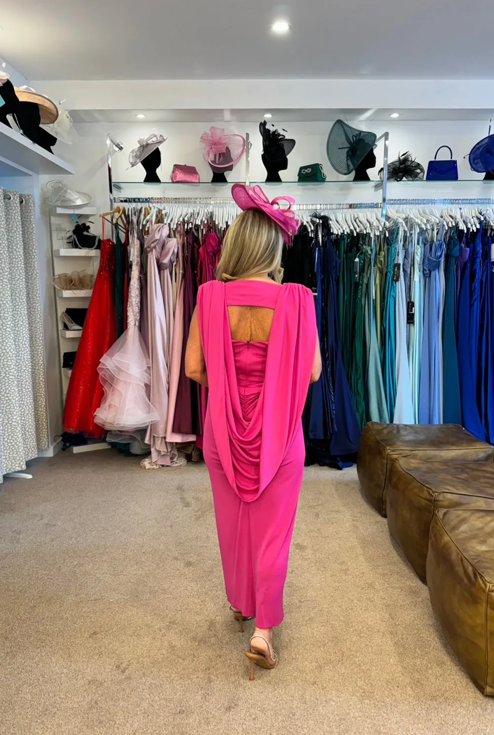 Kevan Jon Cho backless cowl cape midi dress in fuchsia