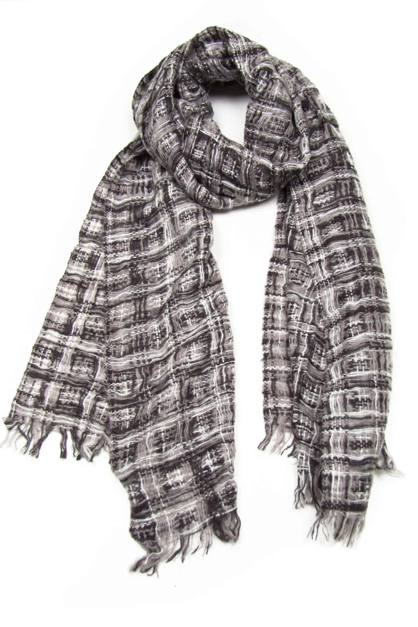 Knit Scarf / Gray White / Plaid / Unisex