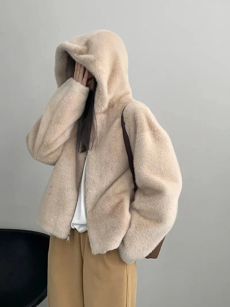 [Korean Style] High Quality Hooded Faux Mink Fur Teddy Coat