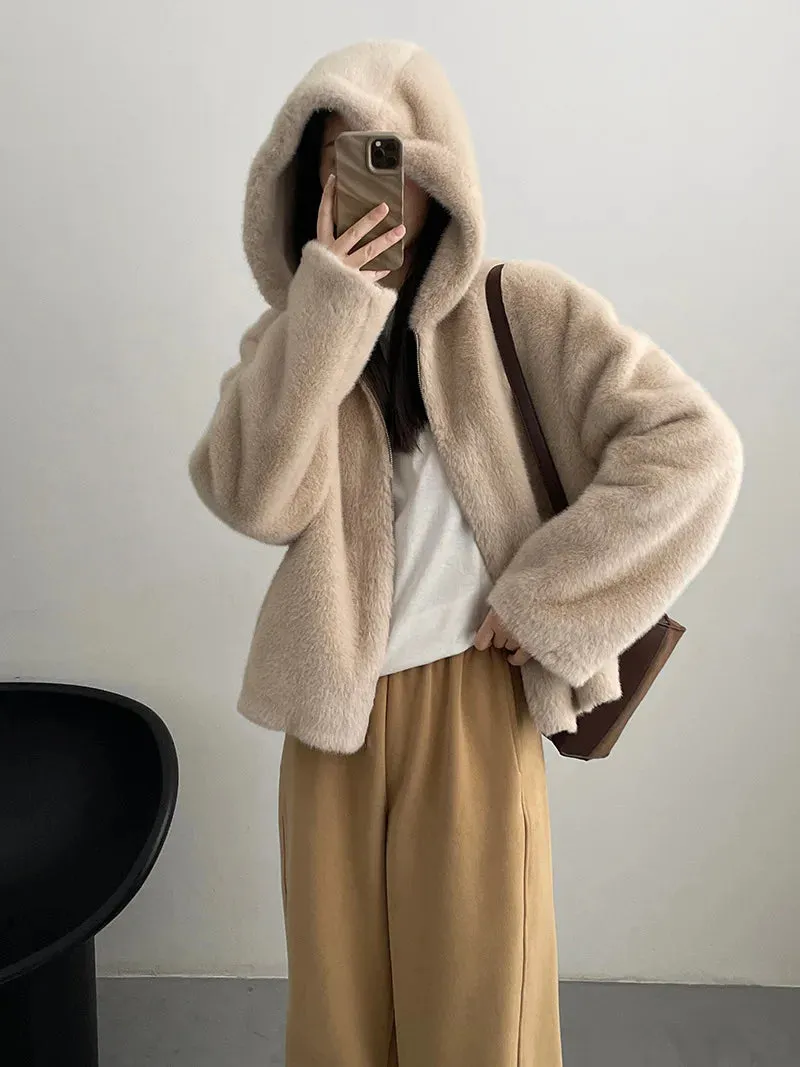 [Korean Style] High Quality Hooded Faux Mink Fur Teddy Coat