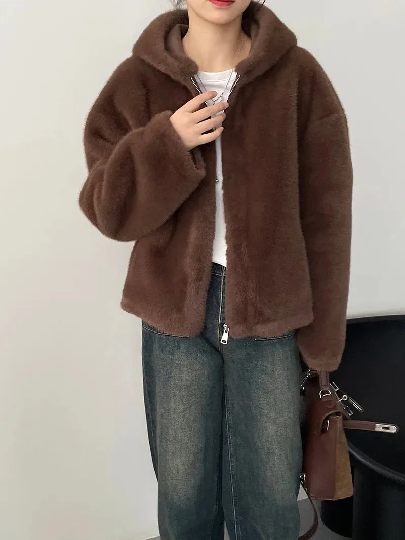 [Korean Style] High Quality Hooded Faux Mink Fur Teddy Coat