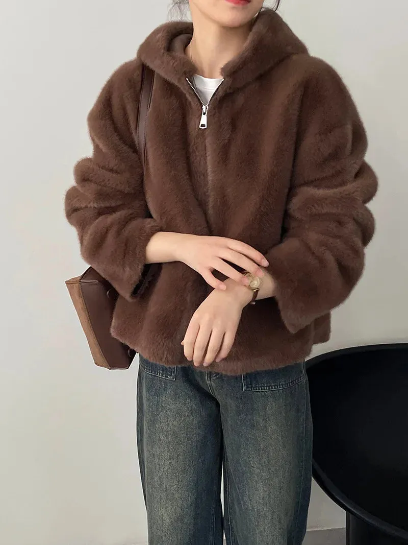 [Korean Style] High Quality Hooded Faux Mink Fur Teddy Coat