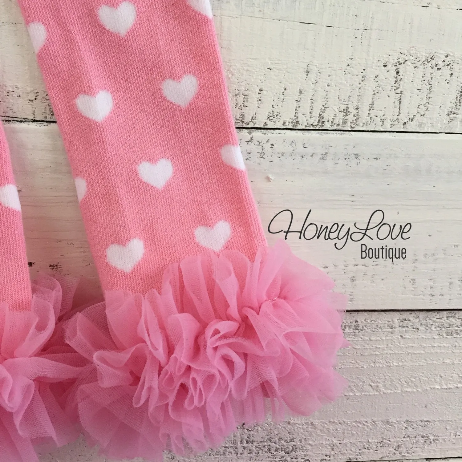 Leg Warmers - Light pink with white hearts and pink ruffle bottom