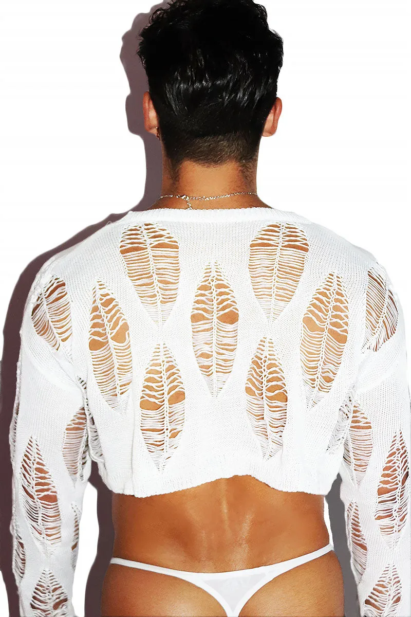 Light As a Feather Destroyed Crop Sweater- White