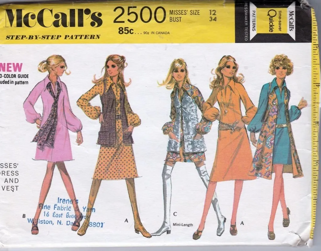 McCall's 2500 Vintage Sewing Pattern 1970's Ladies Flared Raglan Sleeve Dress Vest