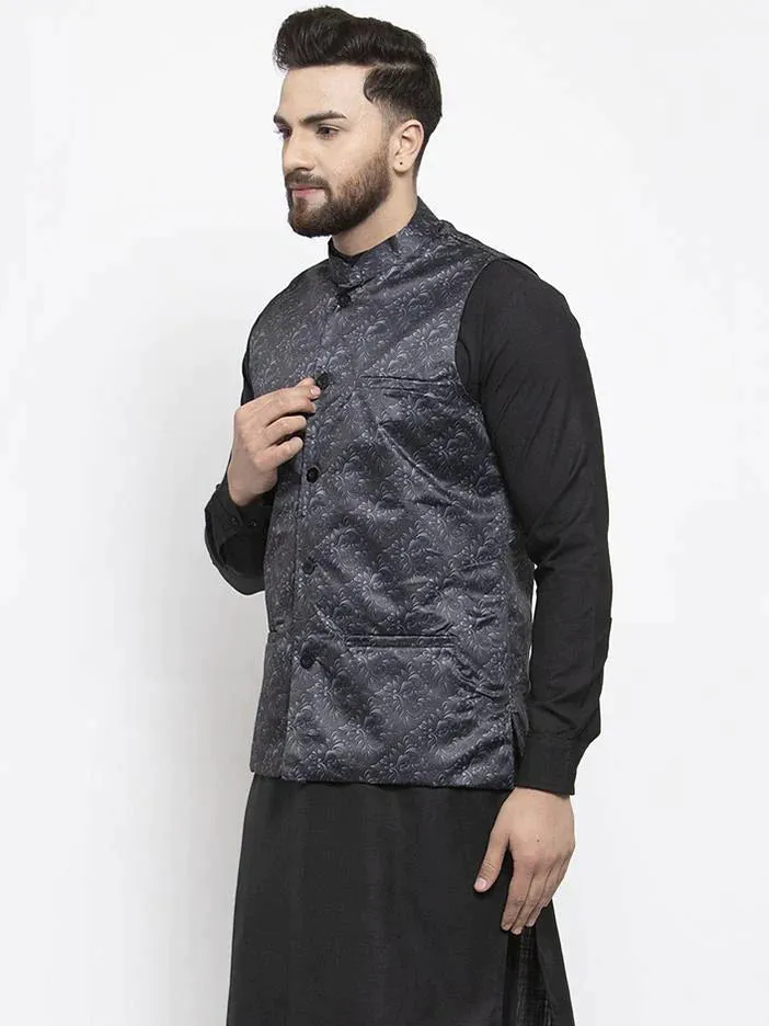 Men Charcoal Grey Printed Satin Nehru Jacket