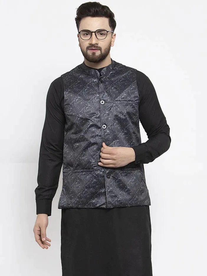 Men Charcoal Grey Printed Satin Nehru Jacket