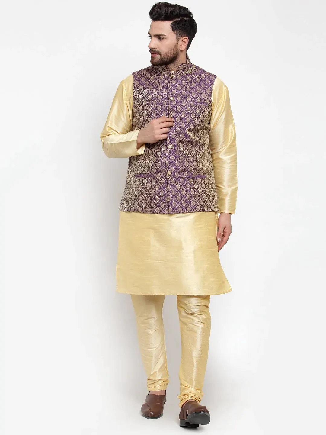 Men Purple-Coloured & Golden Woven Design Nehru Jacket