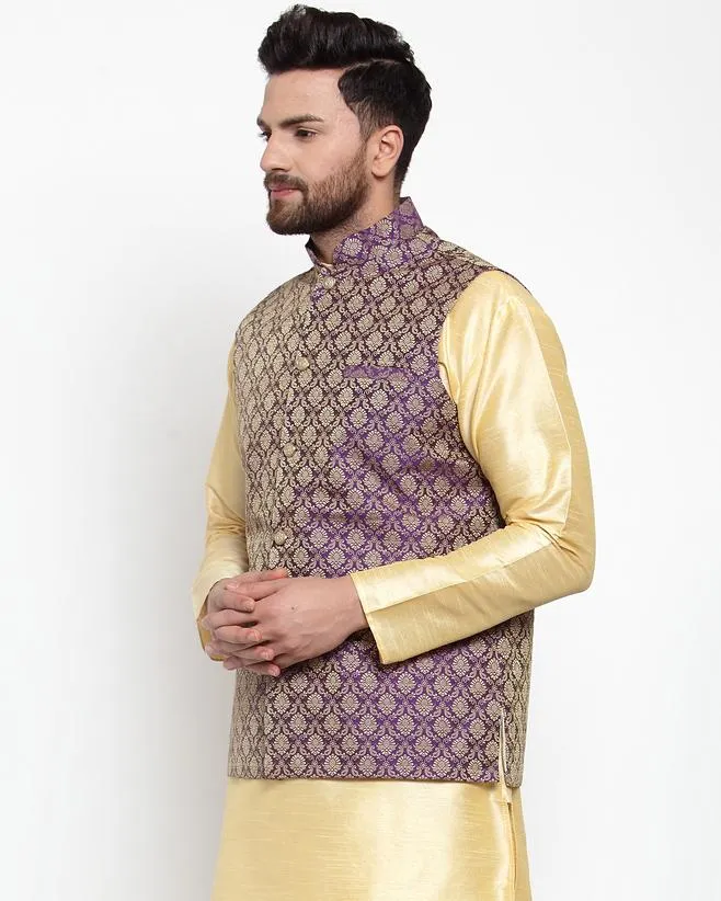 Men Purple-Coloured & Golden Woven Design Nehru Jacket