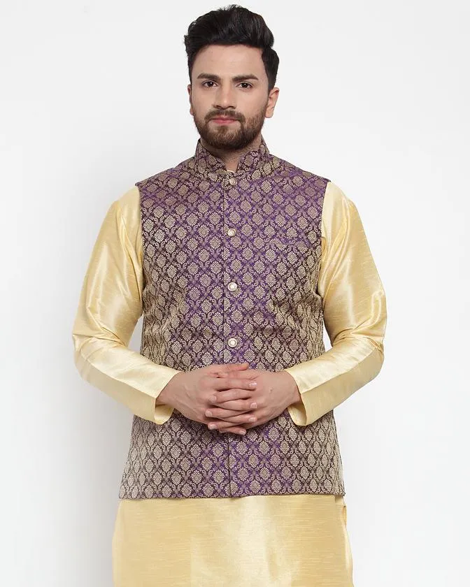 Men Purple-Coloured & Golden Woven Design Nehru Jacket