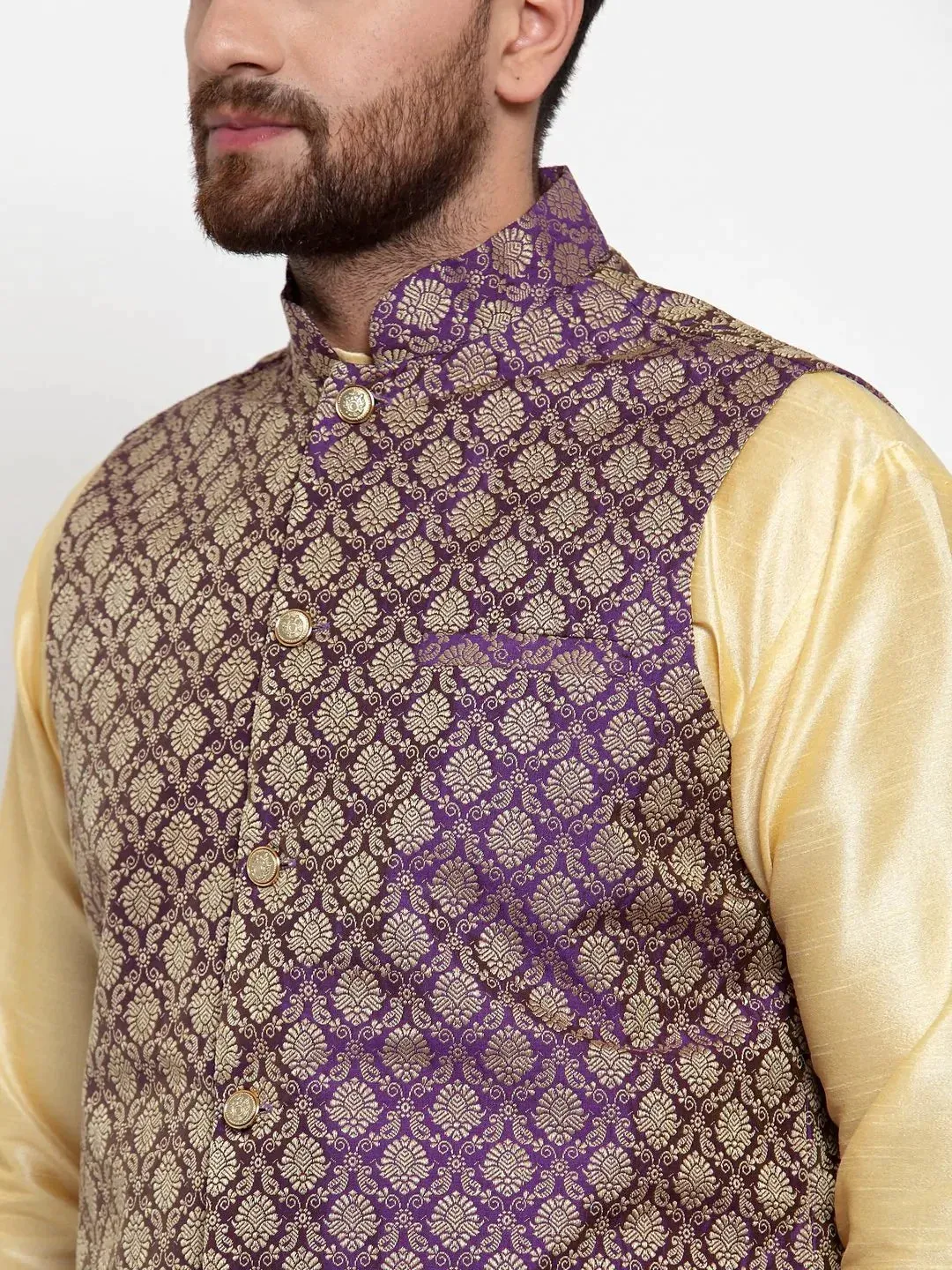 Men Purple-Coloured & Golden Woven Design Nehru Jacket