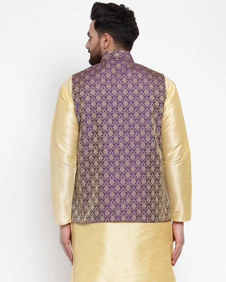 Men Purple-Coloured & Golden Woven Design Nehru Jacket