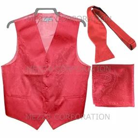 Men's paisley Tuxedo VEST Waistcoat_self tie bowtie & hankie set coral