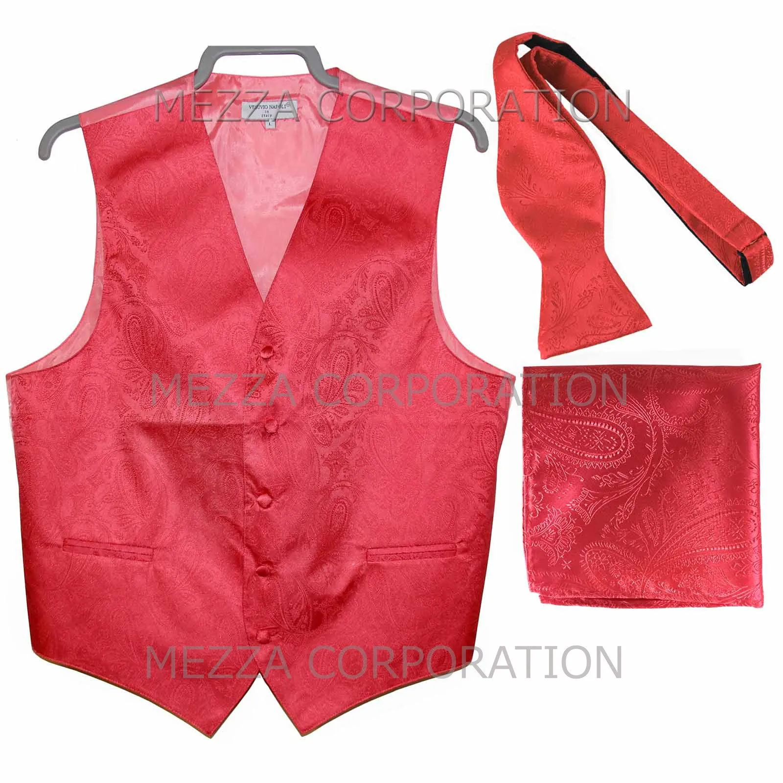 Men's paisley Tuxedo VEST Waistcoat_self tie bowtie & hankie set coral