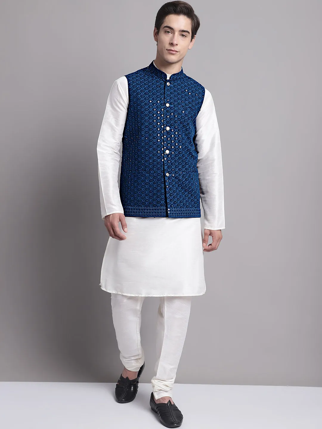 Men'S Peacock Blue Sequins And Embroidered Nehru Jacket